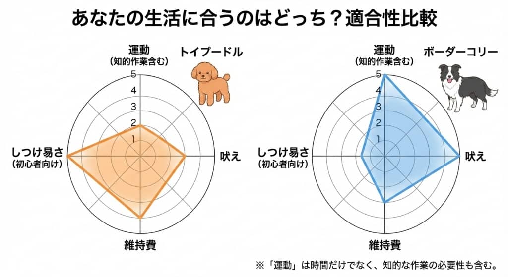 犬種適合性の4軸レーダーチャート比較